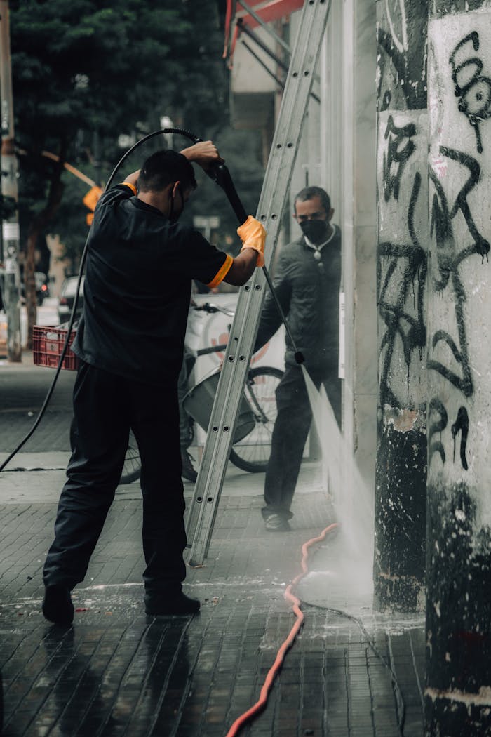 Workers cleaning graffiti off city building facade with a pressure hose.