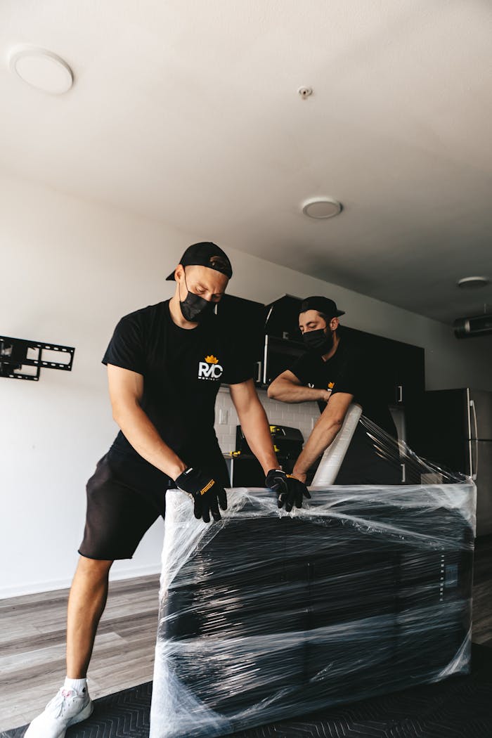 services-img Two masked men moving a securely wrapped item in a modern room.